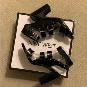 Nine West black leather strappy heels
